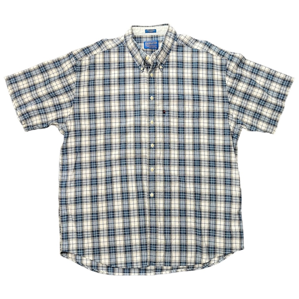 Pendleton Woolen Mills XL Button Shirt Men's Blue Cream Plaid Polo Short Sleeve